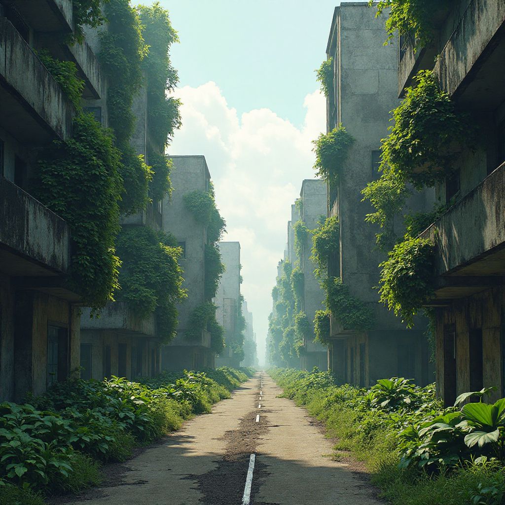 Concept art of post-apocalyptic urban landscape