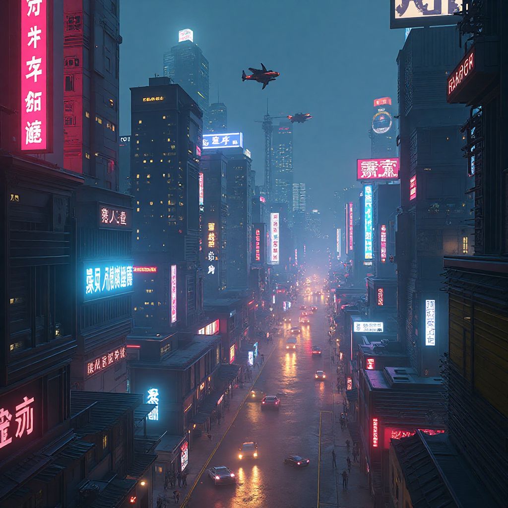 Screenshot of neon-lit cyberpunk city at night