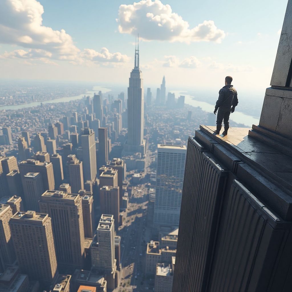 Screenshot of character on rooftop overlooking city