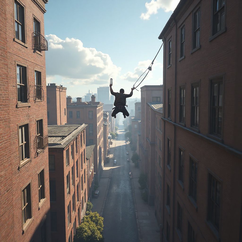 Screenshot of parkour sequence across buildings